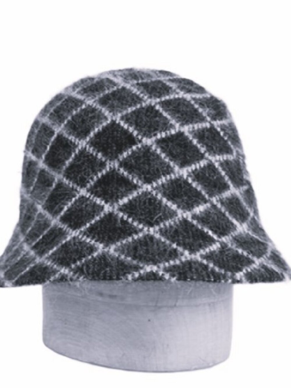 ANGORA Bucket Hat Soft Fuzzy Warm Black Gray Checkered Pattern